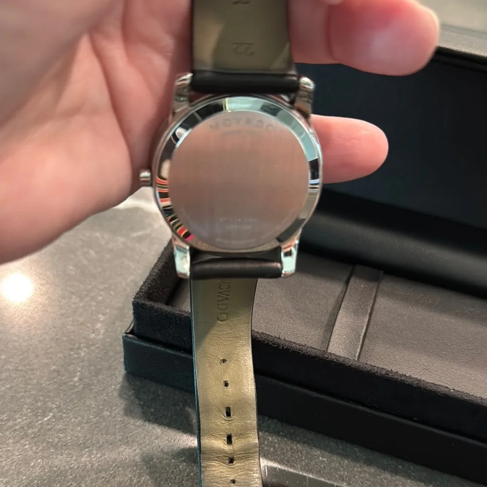 Movado Men’s Silver and Black Watch with Blue face and Leather Band. W/box. - Picture 4 of 6